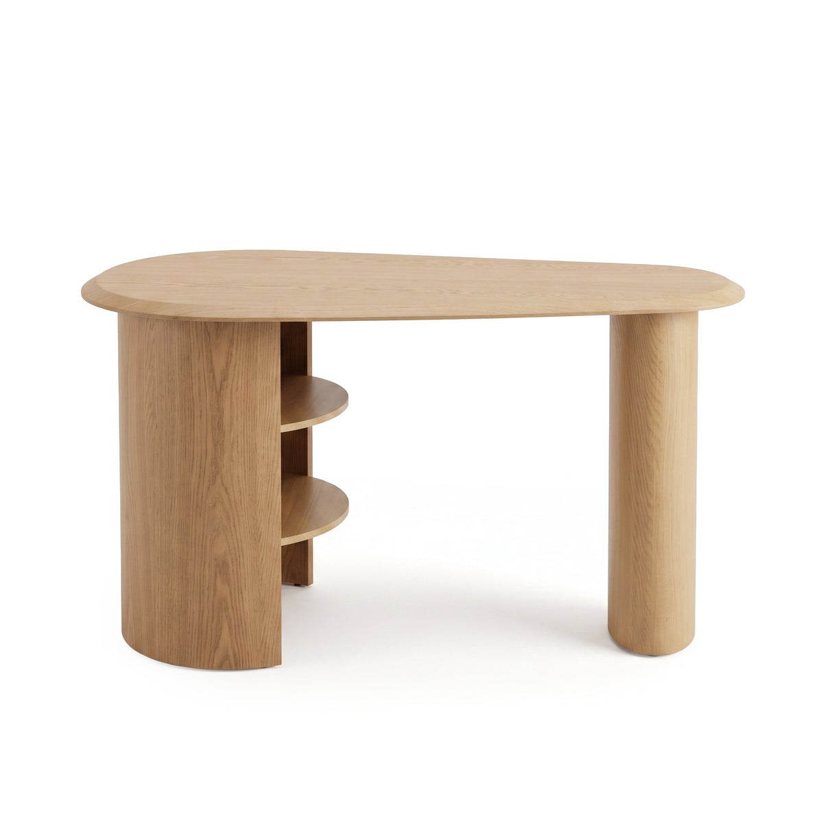 Modern asymmetrical wooden desk with rounded edges and two cylindrical legs on a white background.