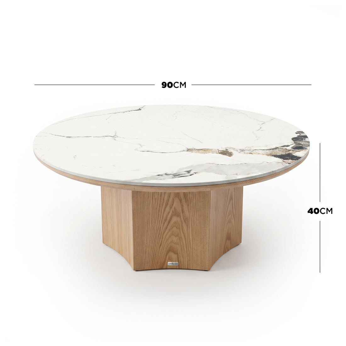 Round coffee table with marble top and wood base shown with 90 cm diameter and 40 cm height measurements. - Dimensions