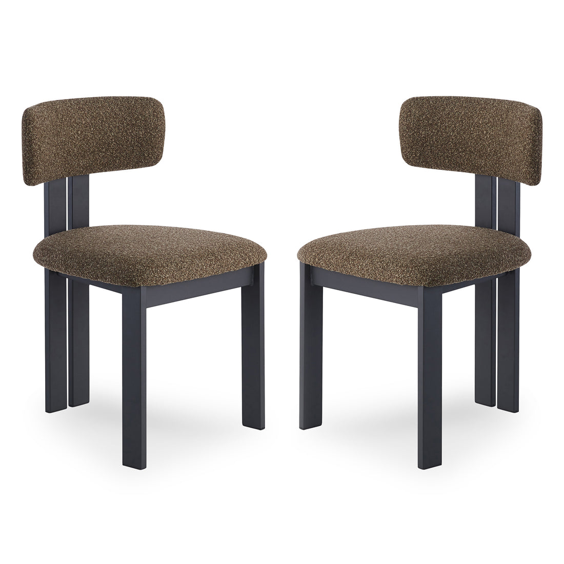 Haleo Curved Boucle Dining Chair Set of 2 in Rust Brown features a matte-black metal frame, upholstered textured backrest and seat, and minimalist design, offering comfort and style for dining spaces.