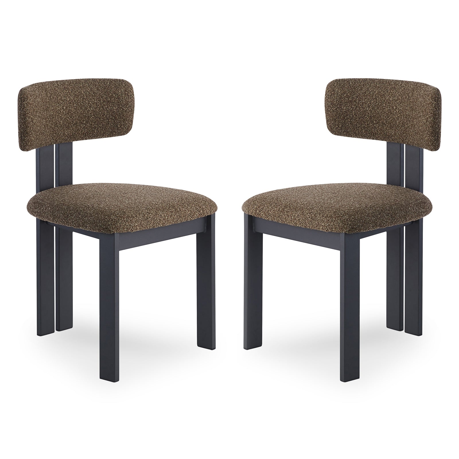 Haleo Curved Boucle Dining Chair Set of 2 in Rust Brown features a matte-black metal frame, upholstered textured backrest and seat, and minimalist design, offering comfort and style for dining spaces.