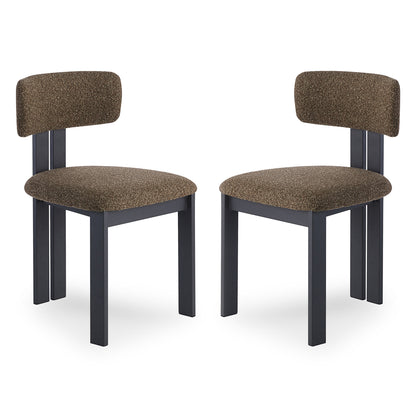 Haleo Curved Boucle Dining Chair Set of 2 in Rust Brown features a matte-black metal frame, upholstered textured backrest and seat, and minimalist design, offering comfort and style for dining spaces.