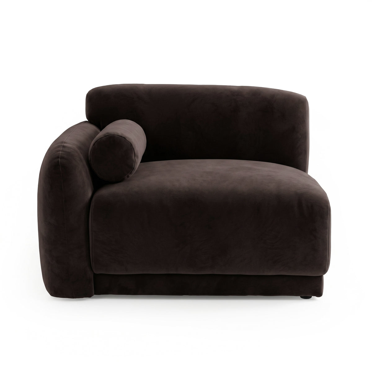 Dark brown armless lounge chair with cylindrical bolster pillow on white background