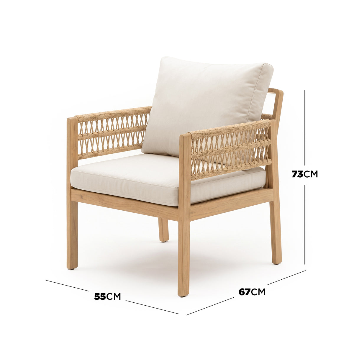 Modern wooden chair with dimensions shown on a white background