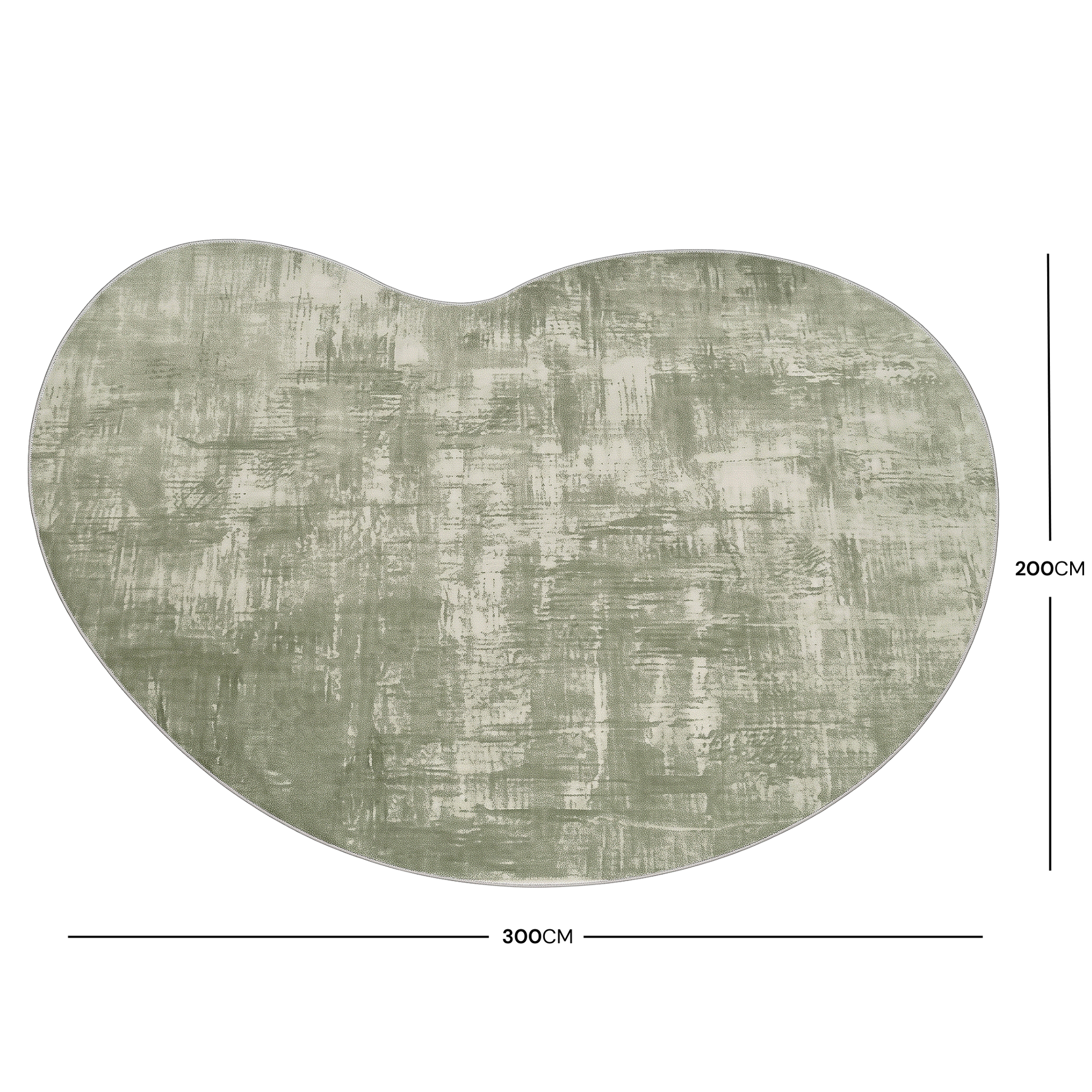 Abstract green rug on white background with 200 by 300 cm dimensions marked