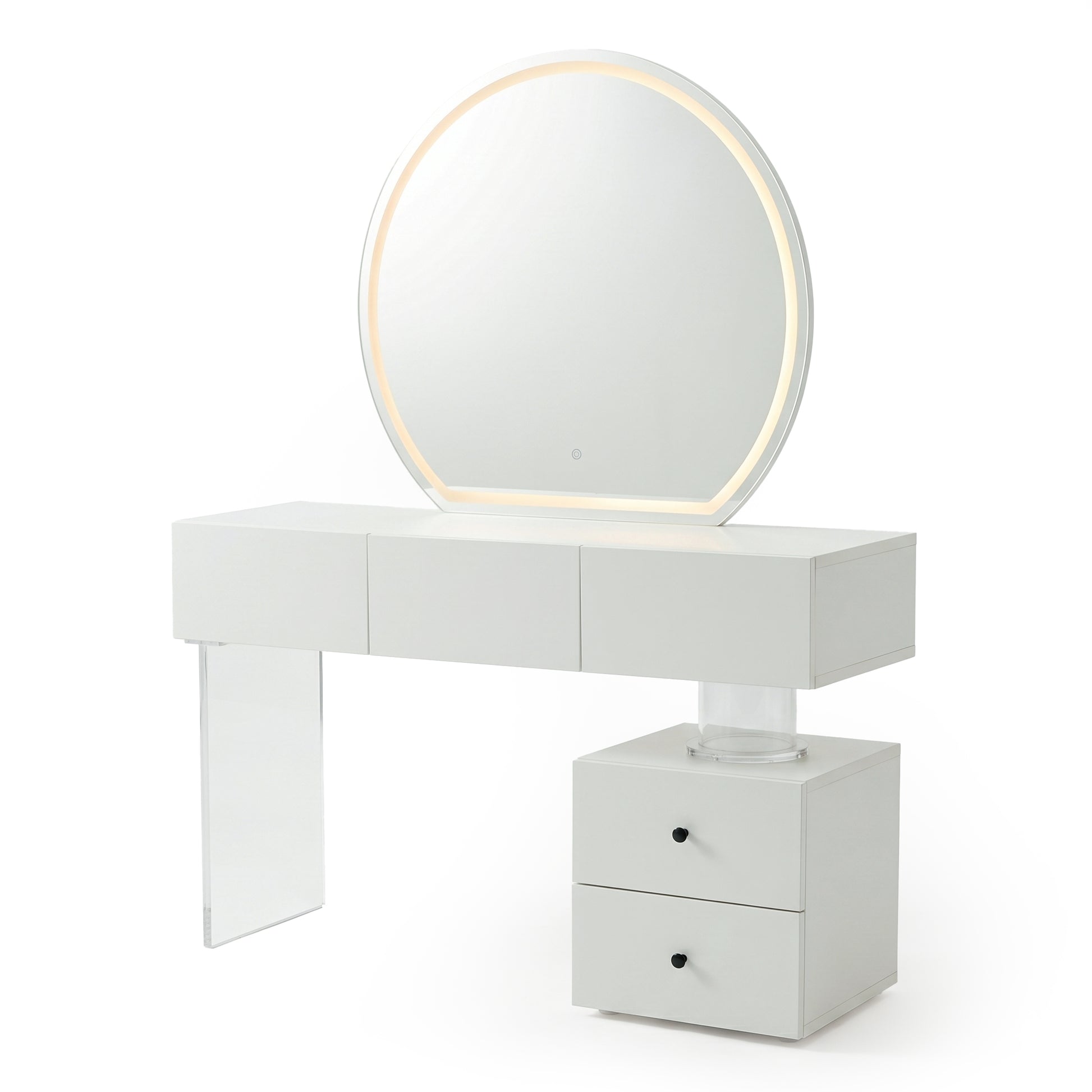 Complete white vanity table with LED circular mirror on white background