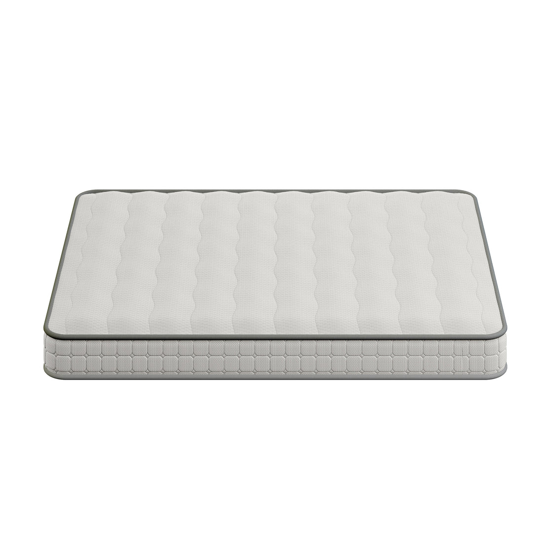 Logan Queen Murphy Bed & Cybele Mattress in White Natural, showcasing a quilt-top mattress with a subtle wave pattern and grey piped edges, emphasizing comfort and space-saving design.