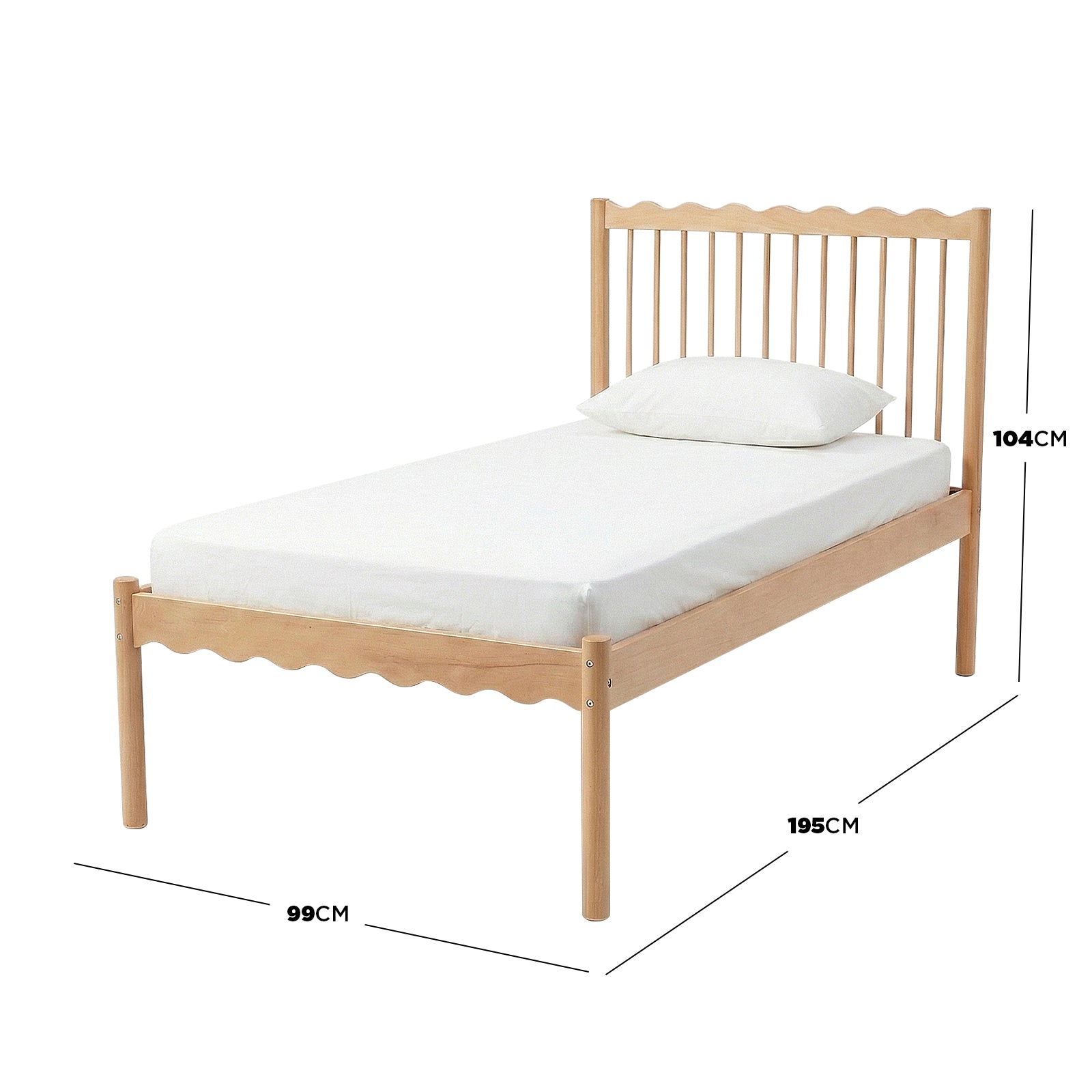 Wooden single bed frame side view with dimension labels 104 cm × 99 cm × 195 cm - Dimensions