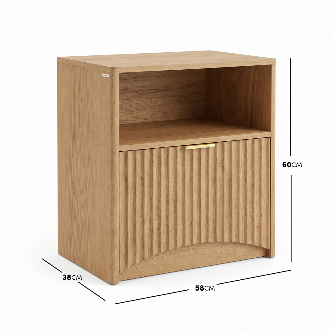 Light oak wooden cabinet with open shelf and textured lower door, shown on a white background with dimensions.
