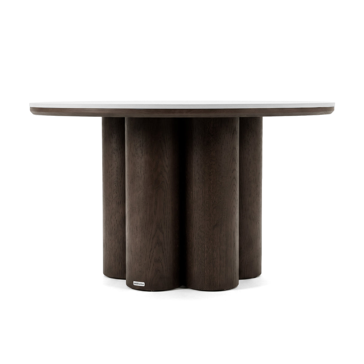 Round dark wood table with a six-column base on a white background