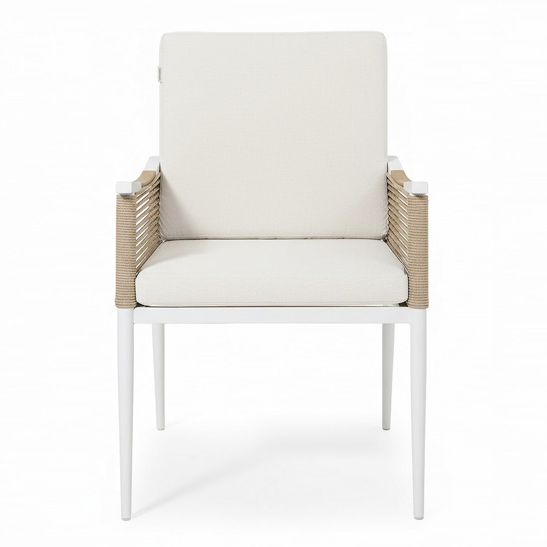 Casara 7 Piece Outdoor Dining Set in White & Beige, featuring a sleek aluminium frame, natural-tan rope armchair detailing, and white cushions, perfect for stylish, comfortable outdoor gatherings.
