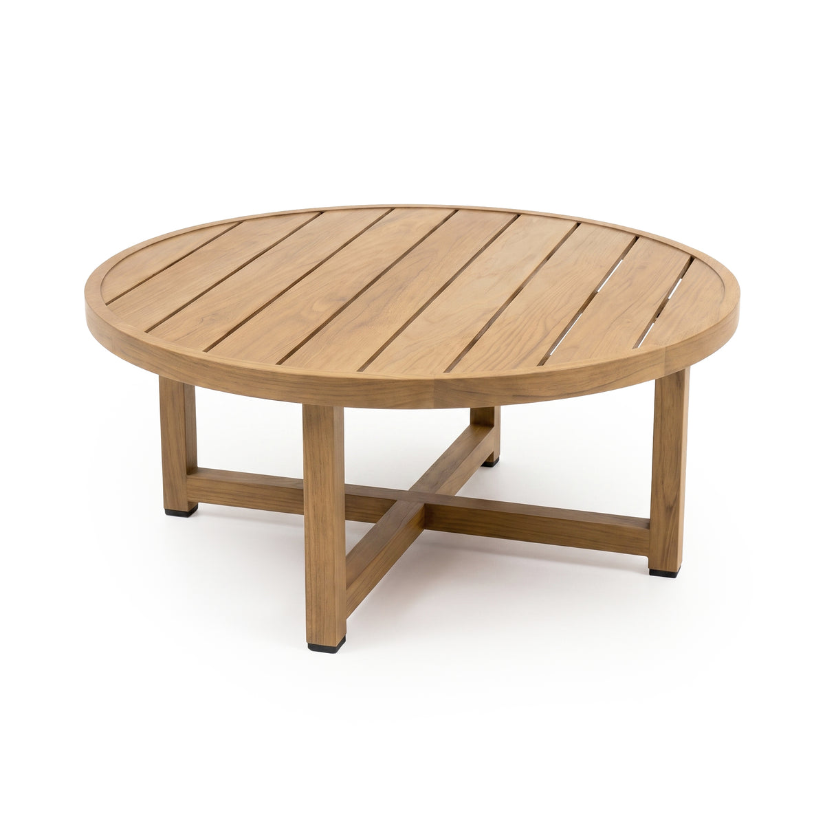 Round wooden coffee table with slatted top and cross-braced legs on white background