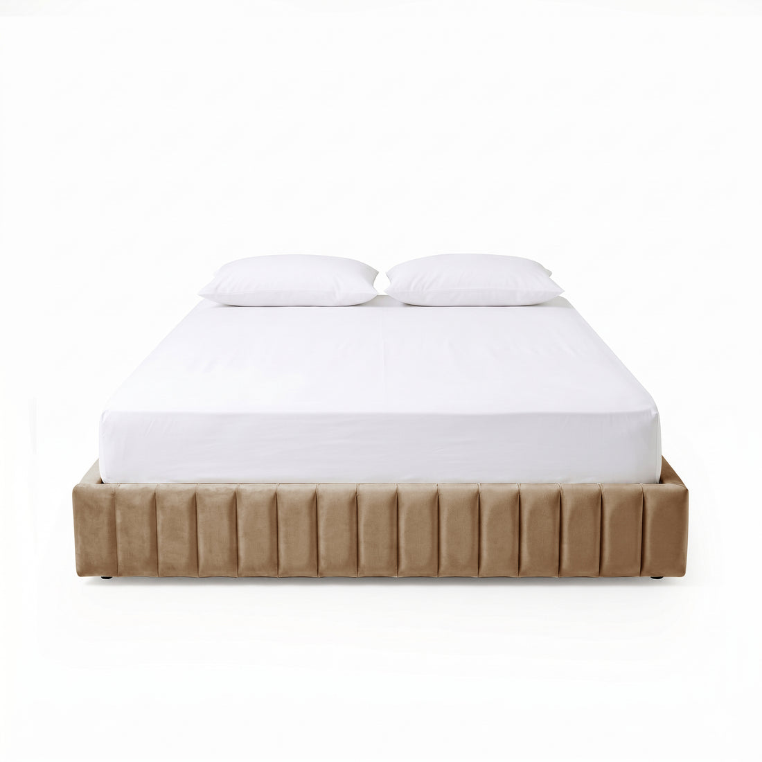 Front view of beige upholstered bed frame with white mattress and pillows on white background
