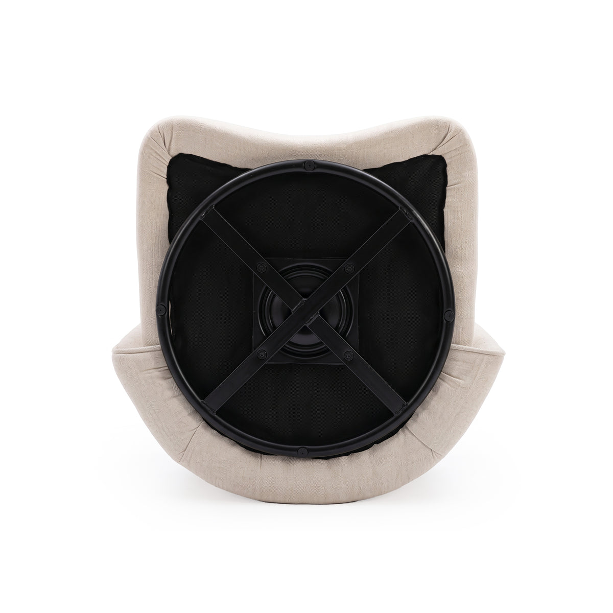Underside view of a beige upholstered chair with a black swivel base on white background