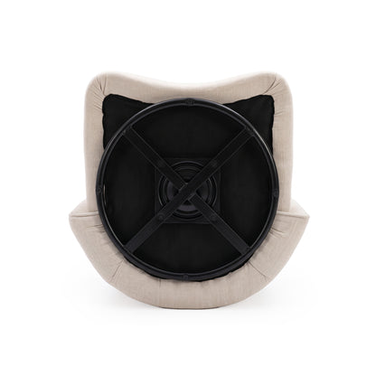 Underside view of a beige upholstered chair with a black swivel base on white background
