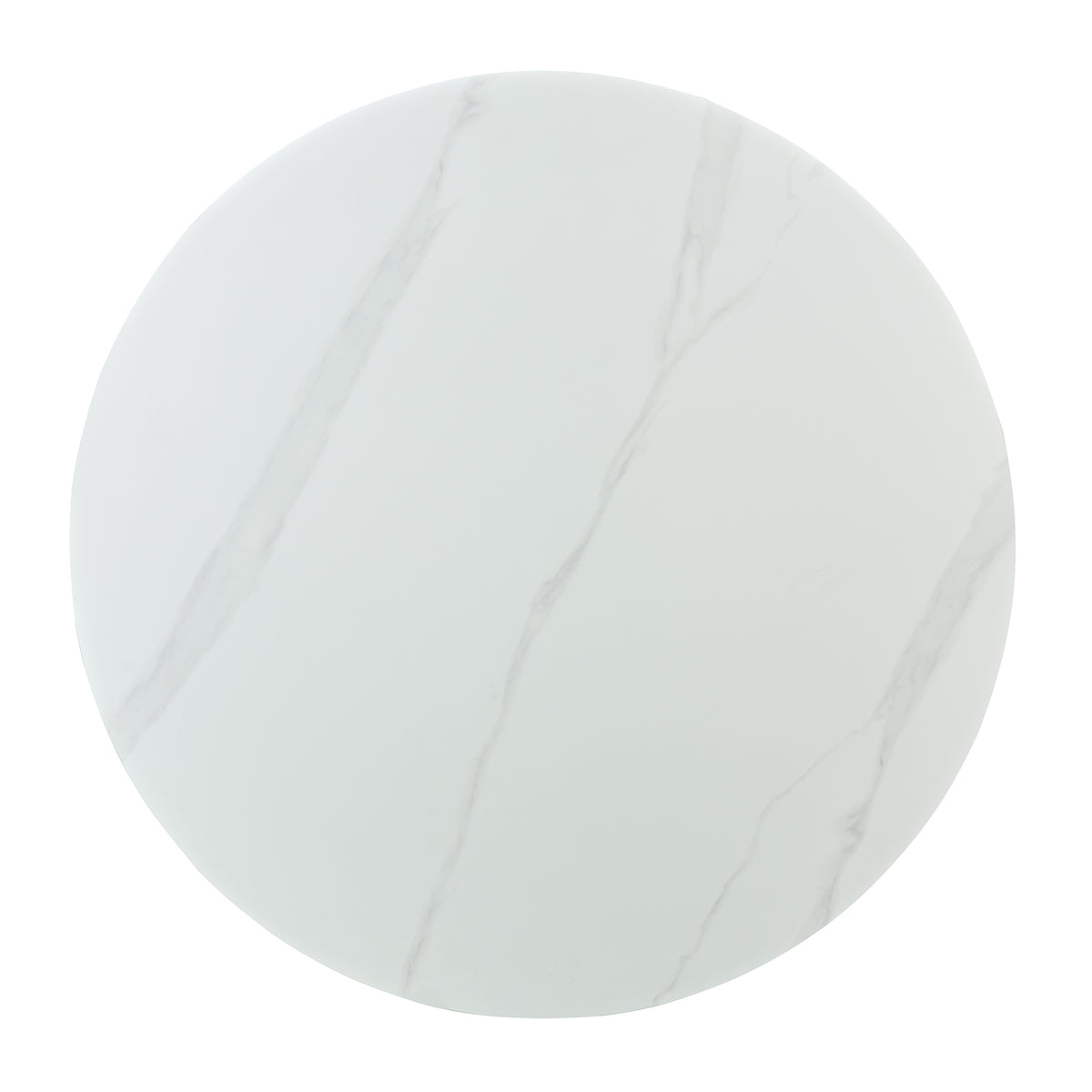 Top view of a round white marble-effect tabletop on a white background