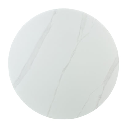 Top view of a round white marble-effect tabletop on a white background