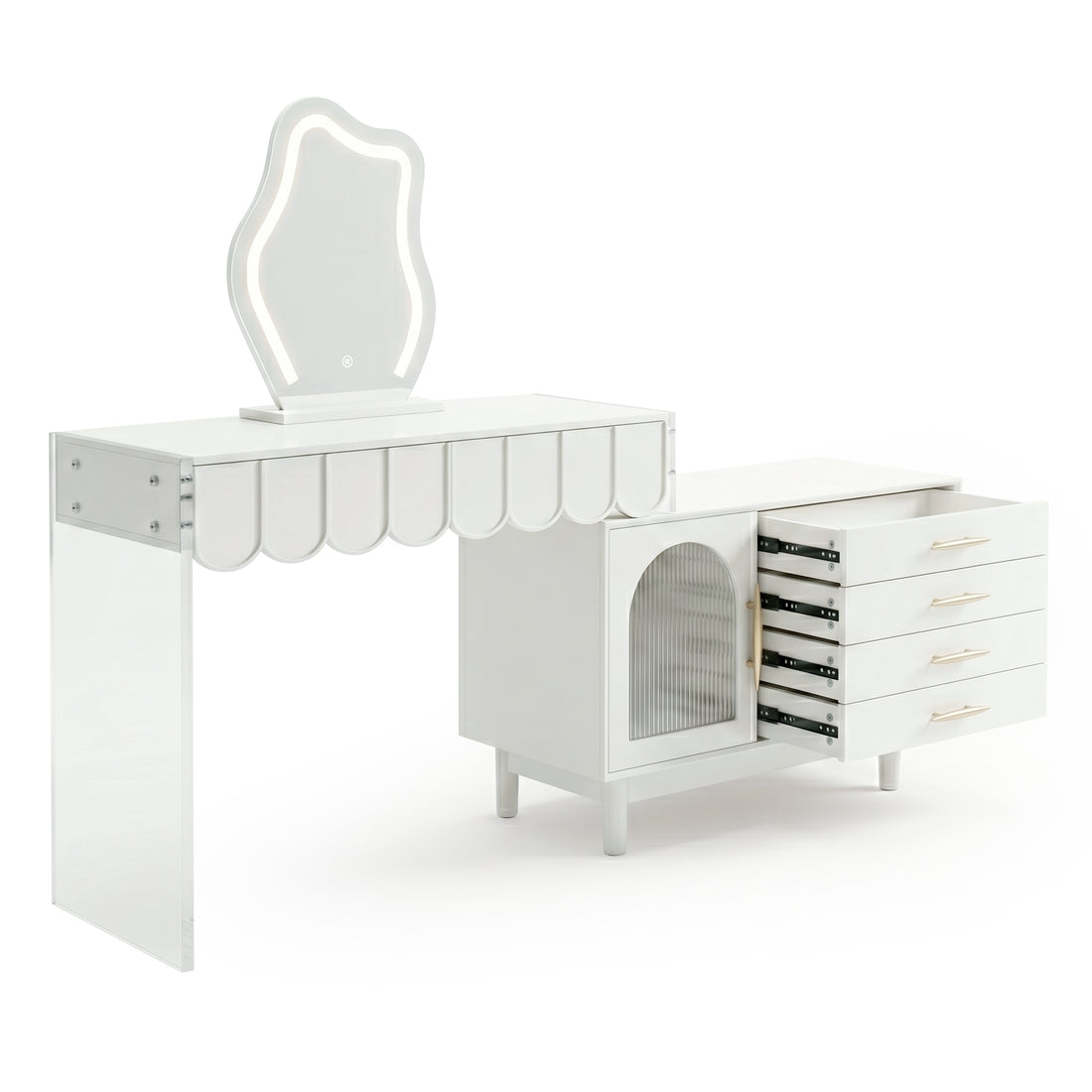 Studio shot of white vanity with decorative scalloped edge, asymmetrical mirror, and multi-drawer cabinet on white background