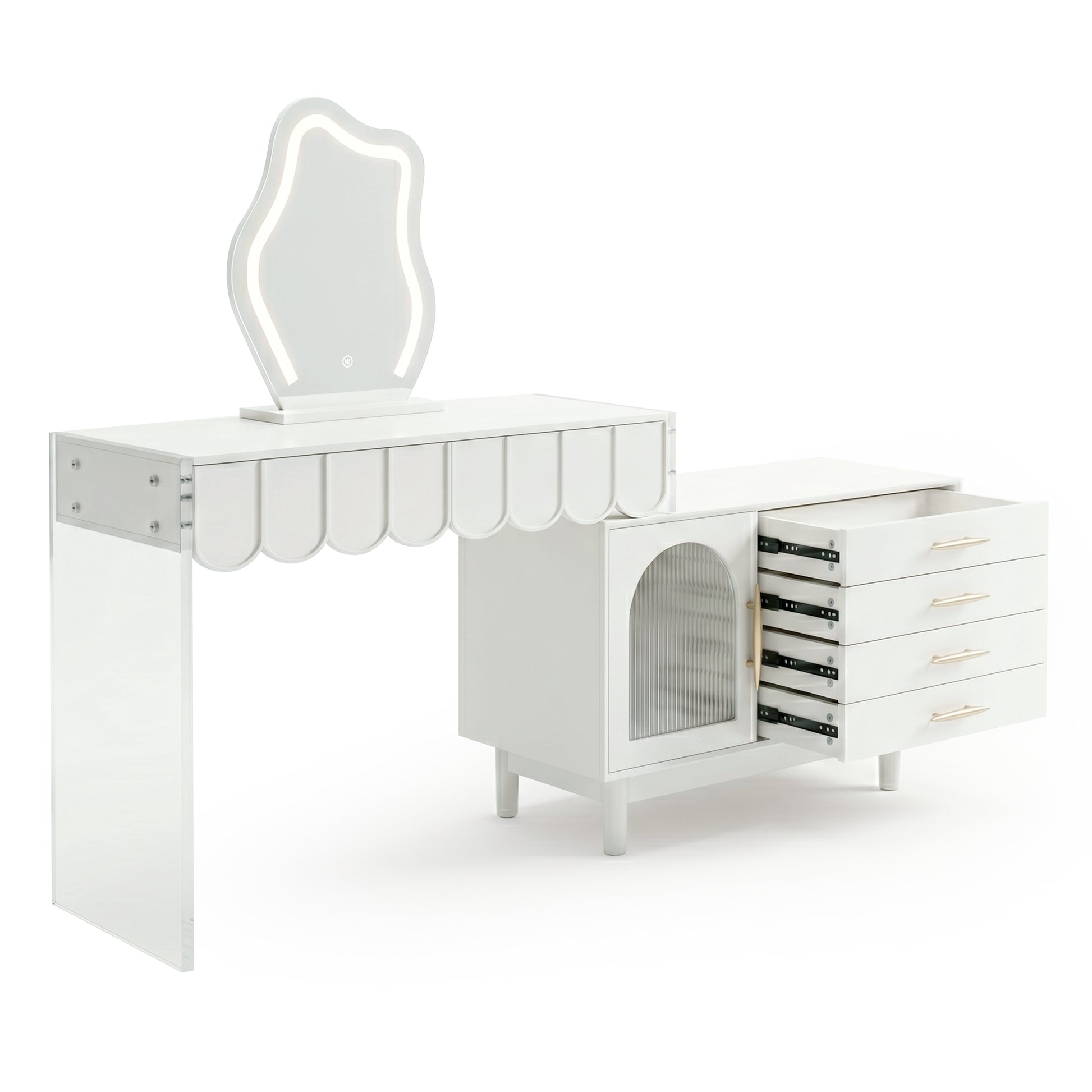 Studio shot of white vanity with decorative scalloped edge, asymmetrical mirror, and multi-drawer cabinet on white background
