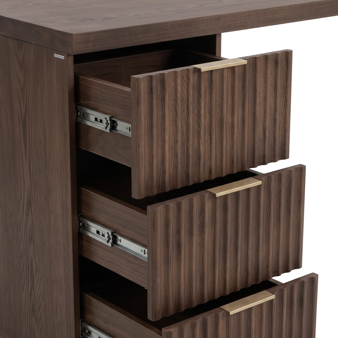 Close view of the drawer section of a dark wood desk on white background