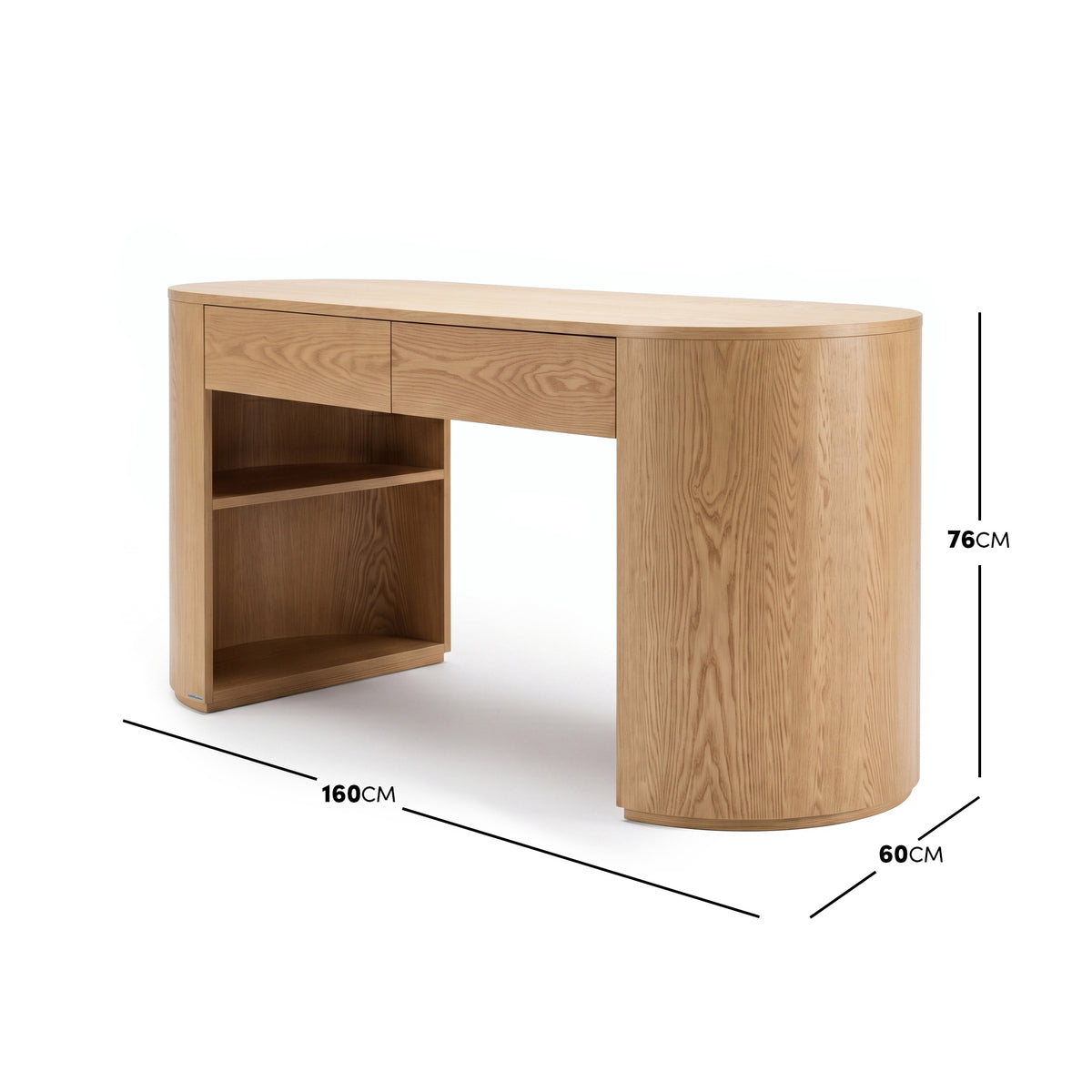 Light wood desk on white background with dimensions shown