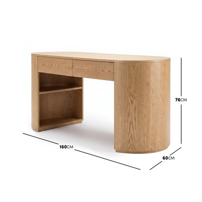 Light wood desk on white background with dimensions shown