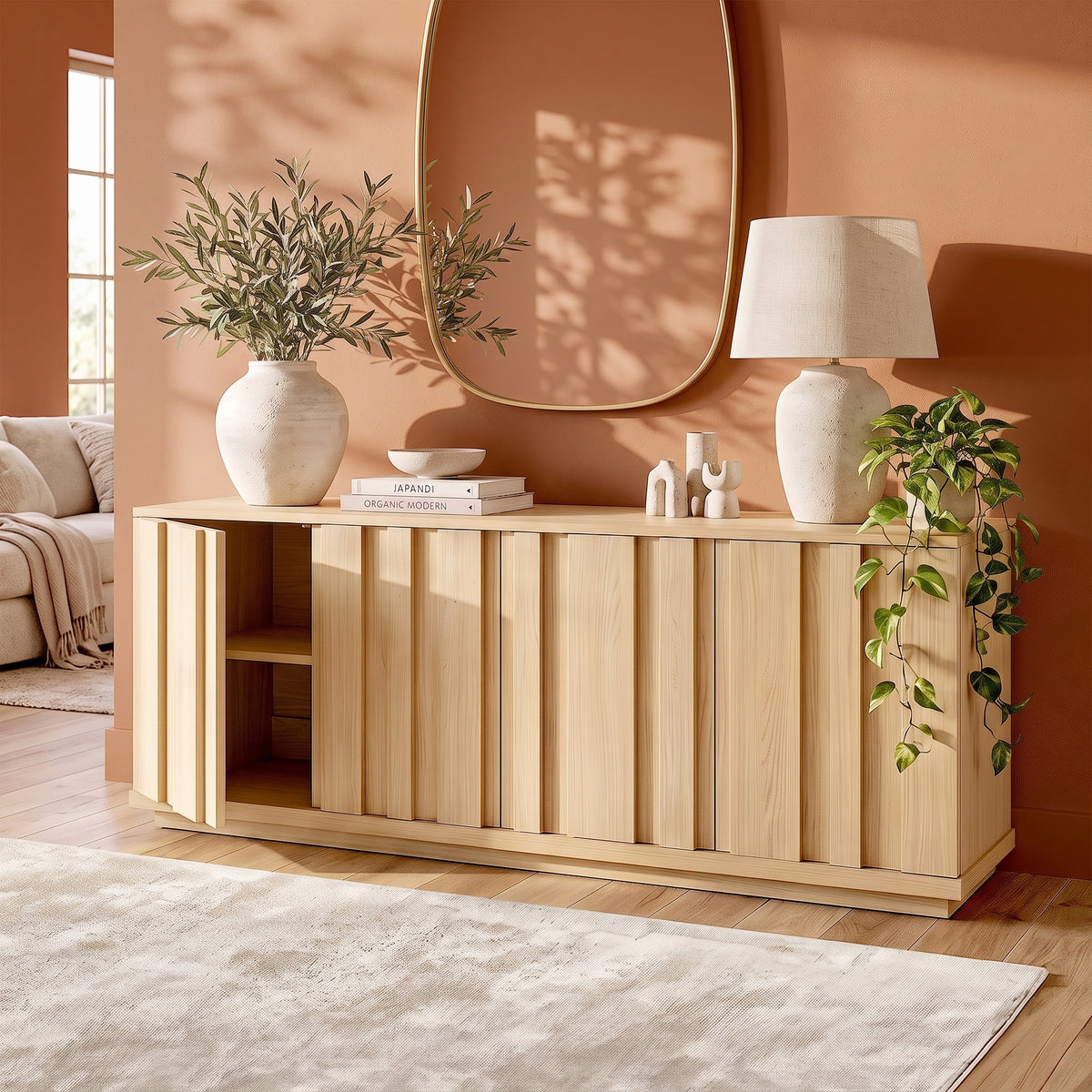 Light wood sideboard styled in a modern living room