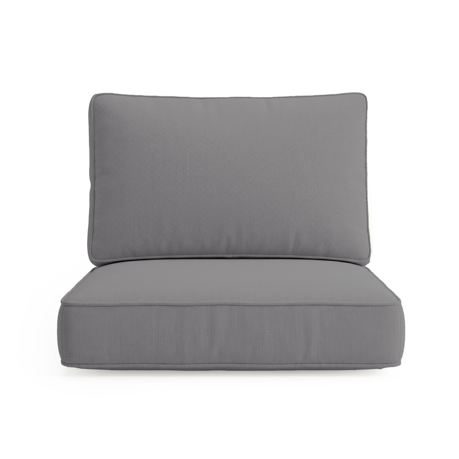 Vernon Outdoor Cushion Covers Set of 5 in Grey, featuring rectangular, piped-edge back and seat cushions stacked together, designed for stylish outdoor use with weather-resistant fabric.