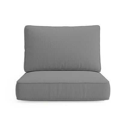 Vernon Outdoor Cushion Covers Set of 5 in Grey, featuring rectangular, piped-edge back and seat cushions stacked together, designed for stylish outdoor use with weather-resistant fabric.