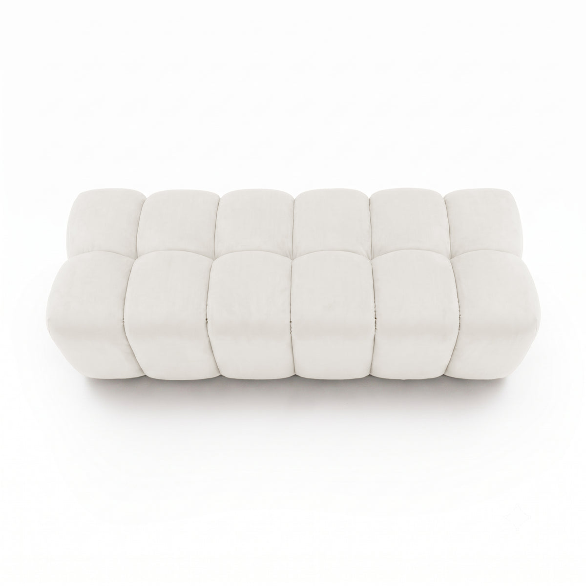 Light beige tufted rectangular bench viewed from above on a white background