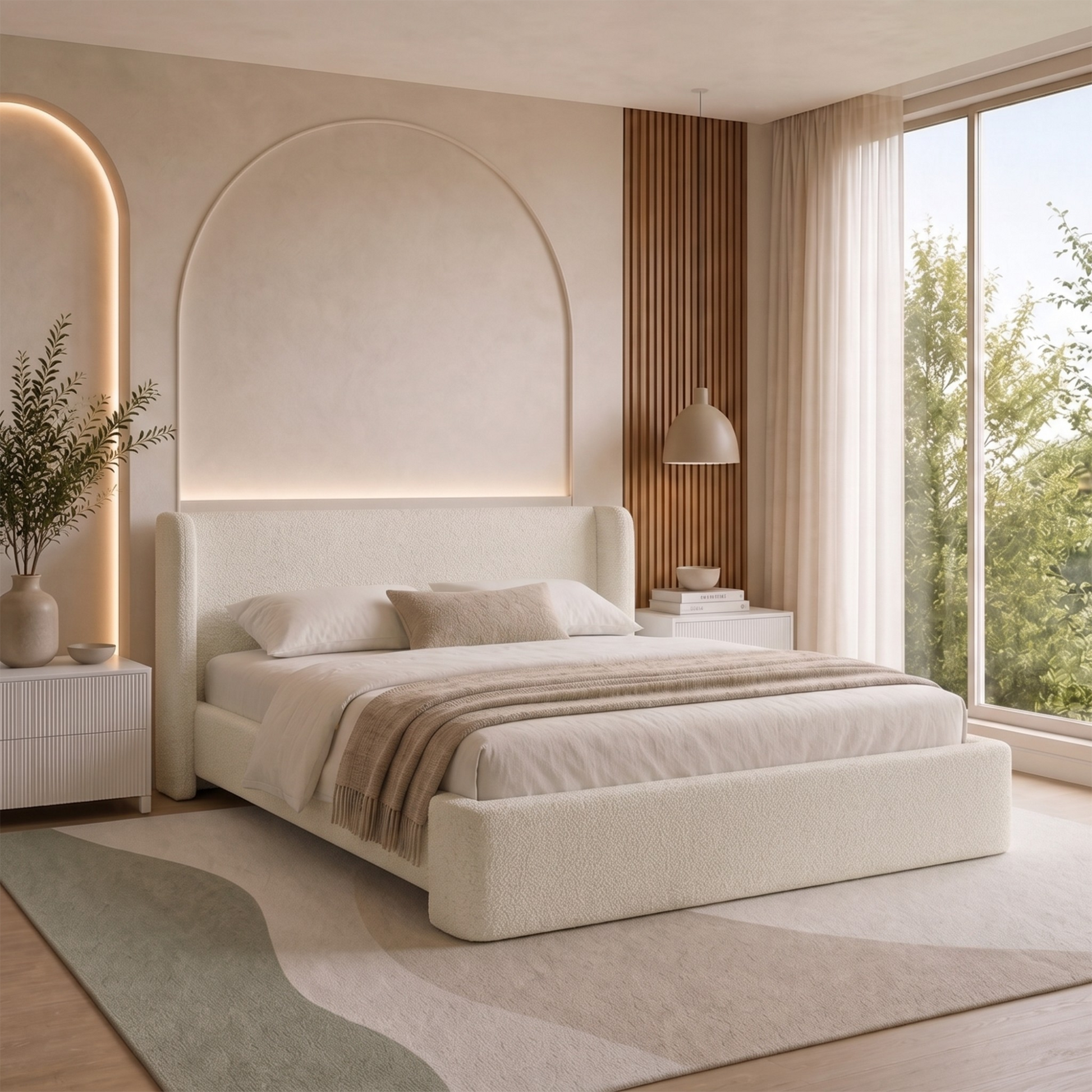 Upholstered bed styled in a bright modern bedroom