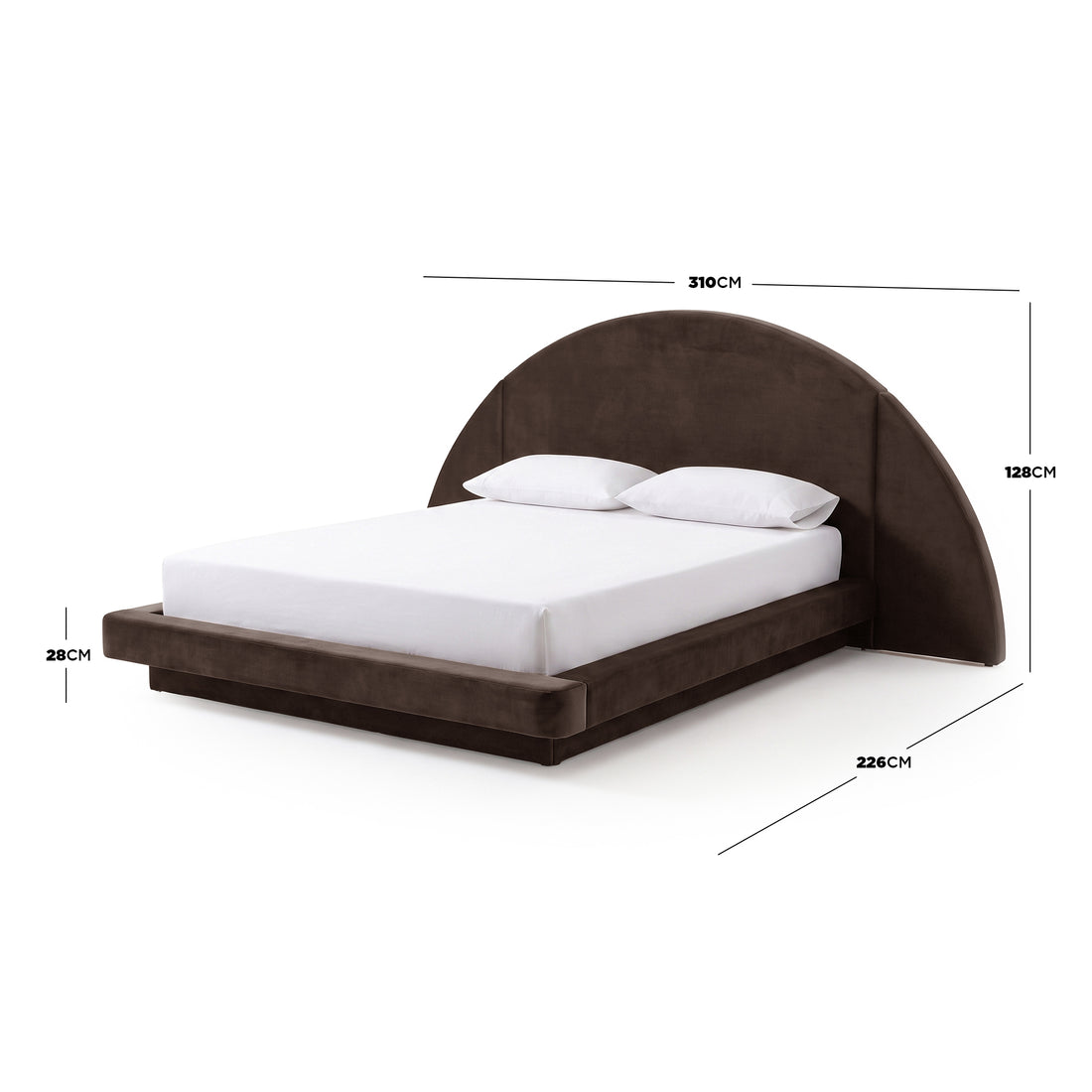 Modern upholstered bed on white background with dimension measurements shown