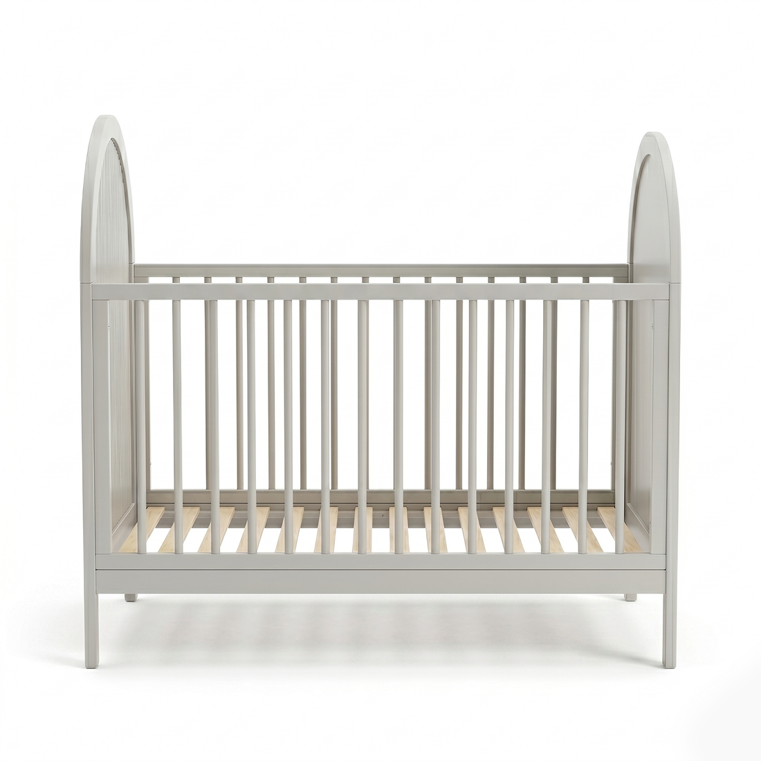 Front view of light grey baby crib on white background