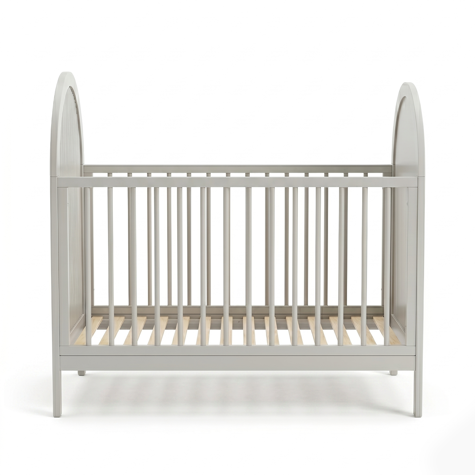 Front view of light grey baby crib on white background