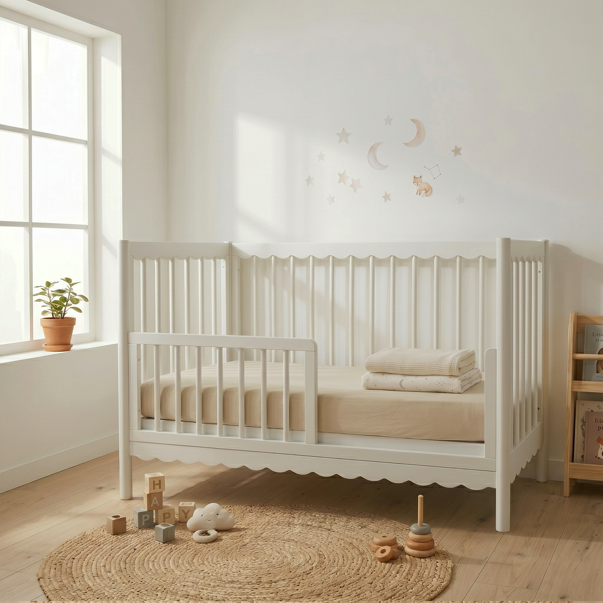 White crib in a cozy nursery with wall decals, rug, and toys