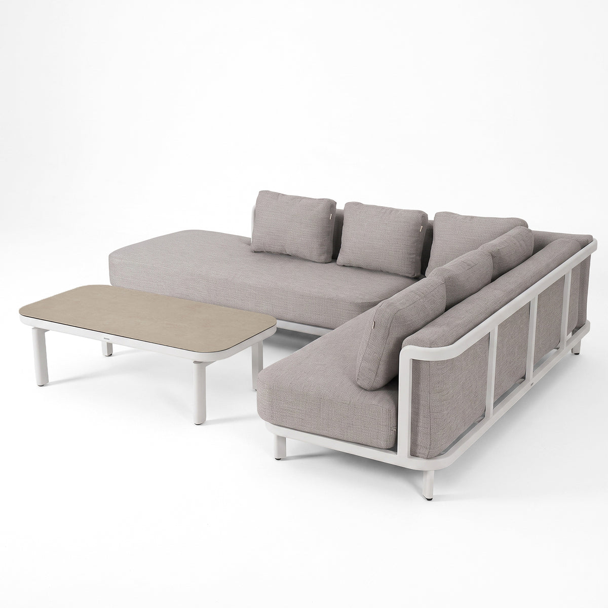 Sectional outdoor sofa with chaise lounge and matching coffee table on a white background.
