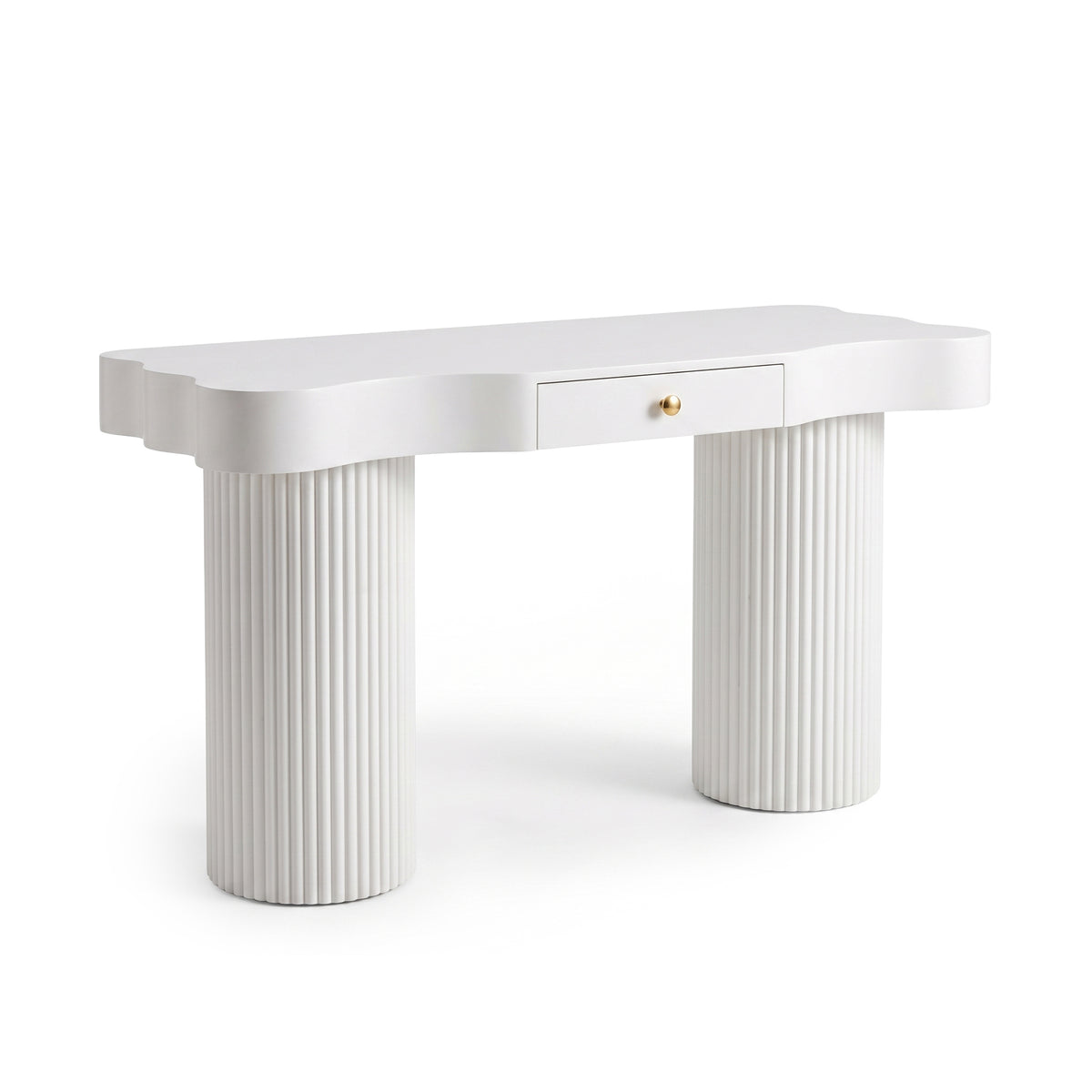 White modern console table with scalloped edge top, fluted cylindrical legs, and a gold knob drawer on a white background
