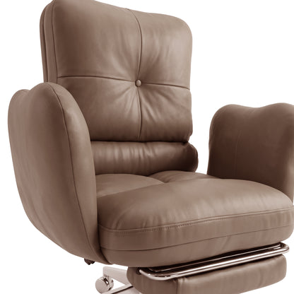 Taupe leather armchair with tufted high back and chrome base isolated on a white background