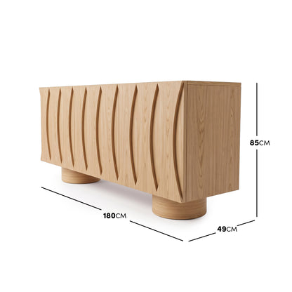 Wooden sideboard on a white background with dimension measurements shown