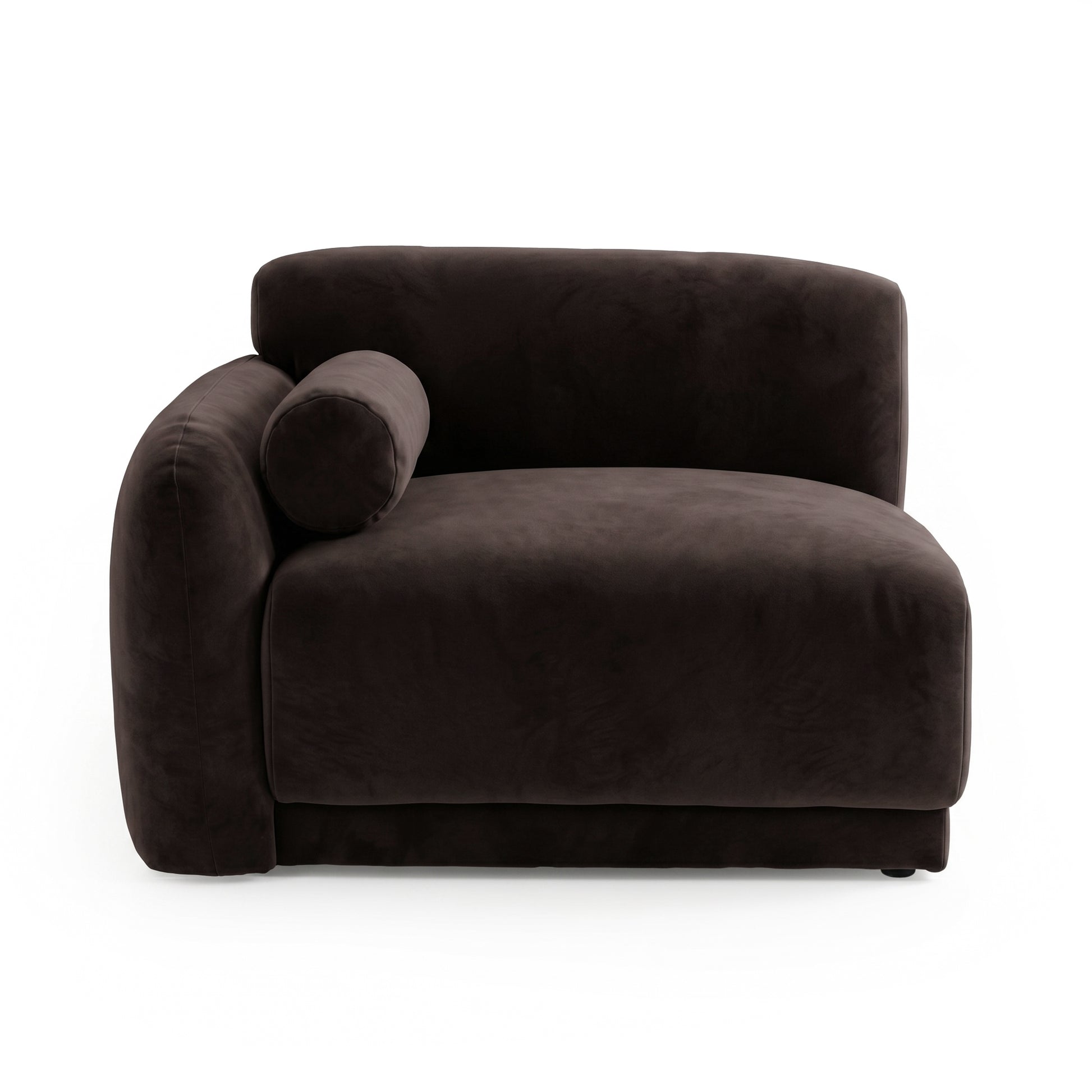 Plush dark brown armchair with velvet upholstery on white background