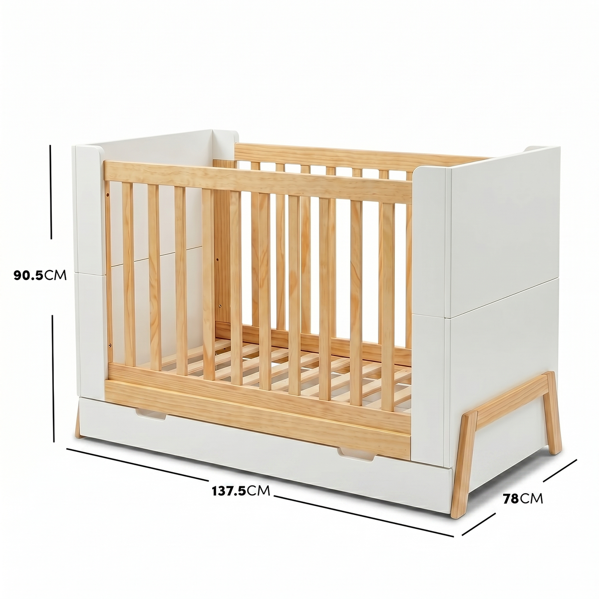 Baby crib front view with dimensions annotated