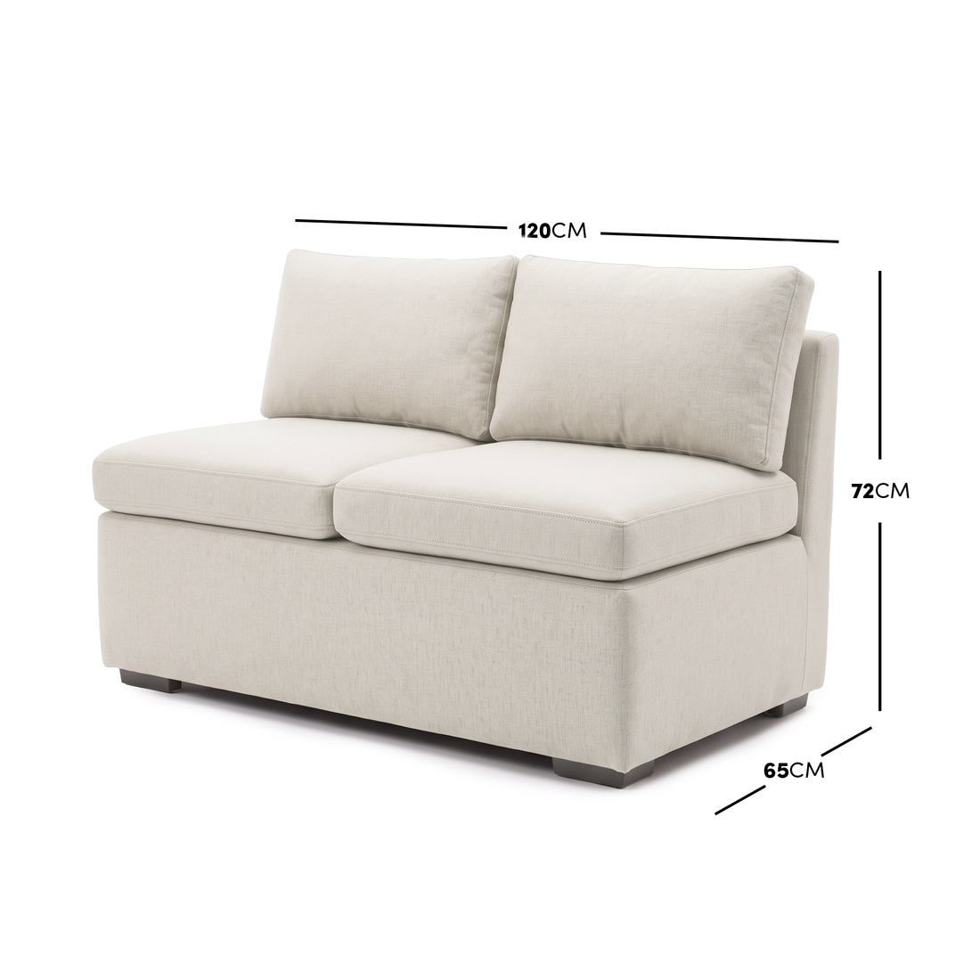 Cream two-seat loveseat with width, height, and depth measurements