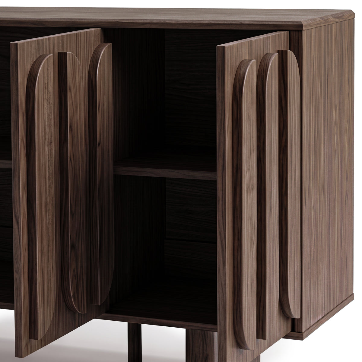 Dark wood cabinet with two doors slightly open on a white background.