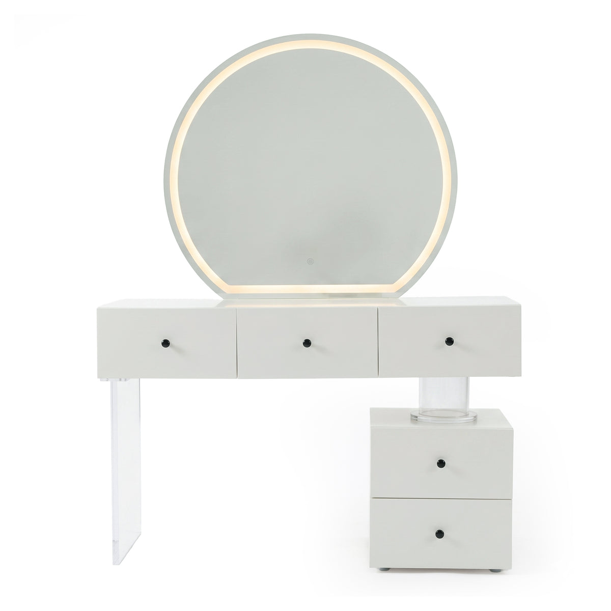 White vanity table with round LED-lit mirror on white background