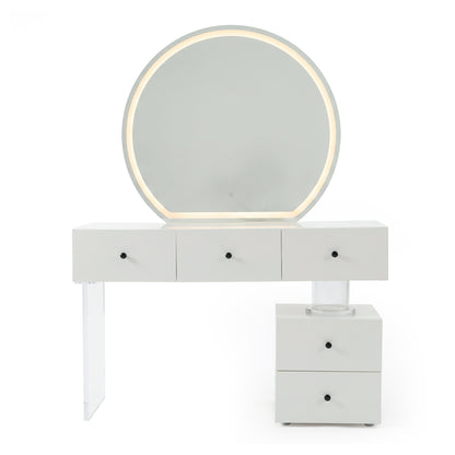 White vanity table with round LED-lit mirror on white background