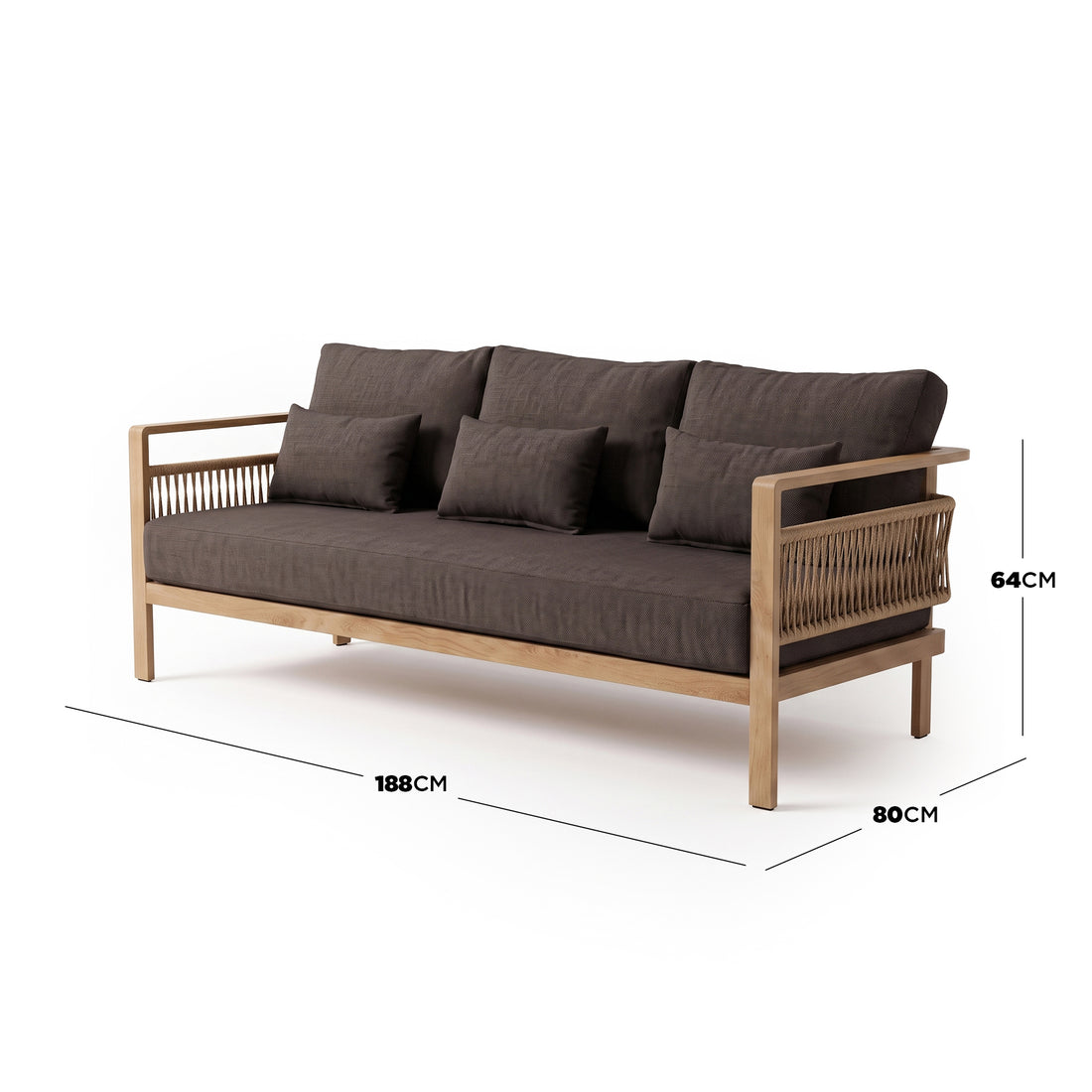 Three-seater sofa on white background with 188cm by 80cm by 64cm dimensions shown