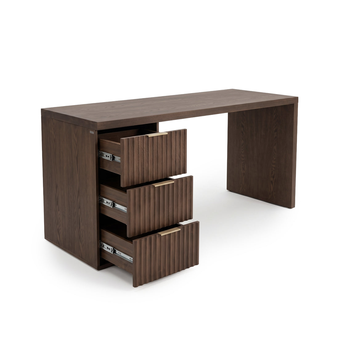 Dark wood desk with open drawers on a white background