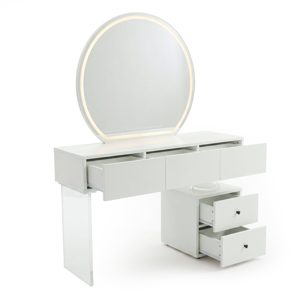 Modern white vanity table with LED-lit round mirror and open drawers on white background