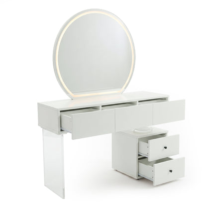 Modern white vanity table with LED-lit round mirror and open drawers on white background