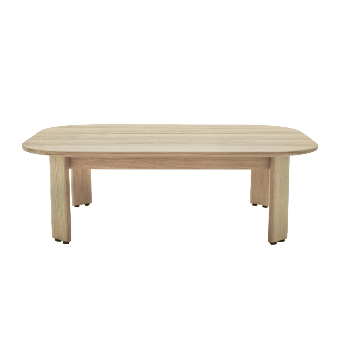 Elani 5 Seater Acacia Hardwood Outdoor Sofa Set in Cream features a low, rectangular coffee table with light-colored wood, rounded corners, and four straight legs, complementing the sofa's plush cushions and supportive design.