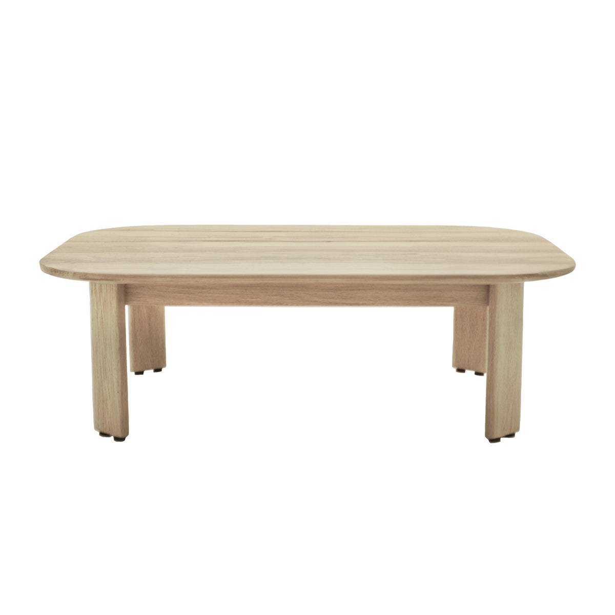 Elani 5 Seater Acacia Hardwood Outdoor Sofa Set in Cream features a low, rectangular coffee table with light-colored wood, rounded corners, and four straight legs, complementing the sofa's plush cushions and supportive design.